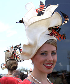 Designer hat by Louise Macdonald won third prize in the Professional Millinery Competition at the Melbourne Spring Racing Carnival 2008; the hat was made from parisisal straw, sinamay and tinted feathers