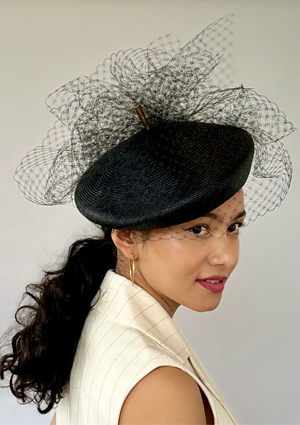 Designer hat Emily Beret in Black by Louise Macdonald Milliner (Melbourne, Australia)