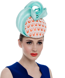 Designer hat Mahe Headpiece in Orange and Turquoise by Louise Macdonald Milliner (Melbourne, Australia)