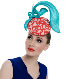 Designer hat Silhouette in Turquoise and Orange by Louise Macdonald Milliner (Melbourne, Australia)