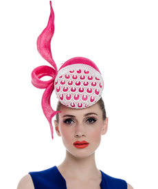 Designer hat Tinge Headpiece in Bright Pink and White by Louise Macdonald Milliner (Melbourne, Australia)
