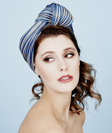 Designer hat Candice Turban in Blue and Natural by Louise Macdonald Milliner (Melbourne, Australia)