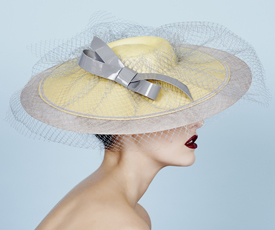 Designer hat Xaranda in Yellow and Grey by Louise Macdonald Milliner (Melbourne, Australia)