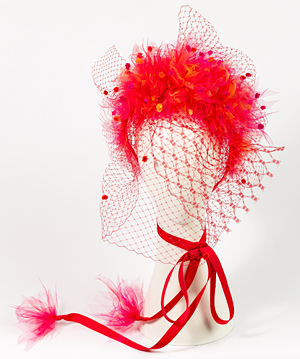 Designer hat Alora in Red with Veil by Louise Macdonald Milliner (Melbourne, Australia)