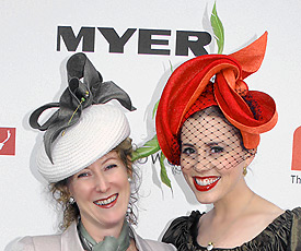 Melbourne milliner Louise Macdonald (with model Livia De Sanctis) won third prize in the Professional Millinery Competition on Oaks Day 2011