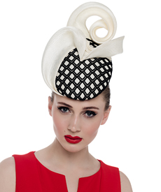Designer hat Mahe Headpiece in Ivory and Black by Louise Macdonald Milliner (Melbourne, Australia)