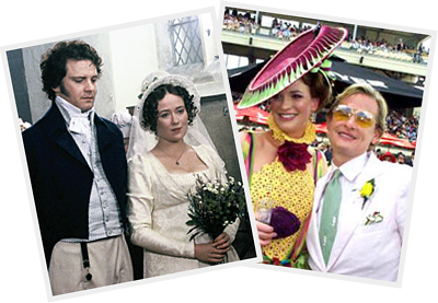 Hats by Louise Macdonald Milliner (Melbourne, Australia): on the left, actors Colin Firth (Darcy) and Jennifer Ehle (Elizabeth Bennet) in the BBC's Pride and Prejudice (1995); on the right, model Ruth Jackman, next to Carson Kressley, is wearing a hat by Louise, which won 1st prize in the Australian Masters of Fashion Racewear 2006