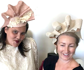 Millinery students model their hats in the Twist and Shape Sinamay Manipulation course (March 2018)
