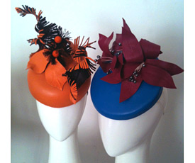 Leather can be a transeasonal millinery material; these leather headpieces were made by students in the Millinery Summer School 2014