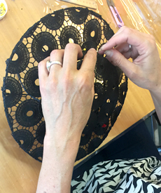 Making a lace boarder with milliner and tutor Lynnette Lim in the Millinery Summer School (January 2017)