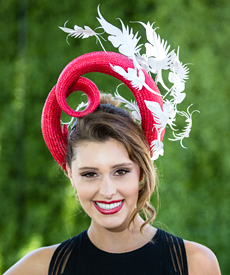 Melbourne milliner Louise Macdonald's entry in the Professional Millinery Award at Oaks Day Flemington 2016; the designer hat was worn by Emily (makeup by Maren Holm; photo by Lee Sanders)